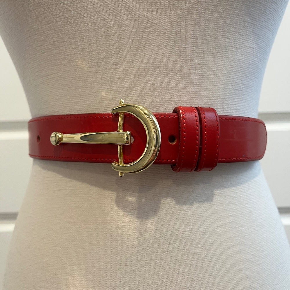 Red Patent Leather Belt with Gold Buckle - Women Accessories